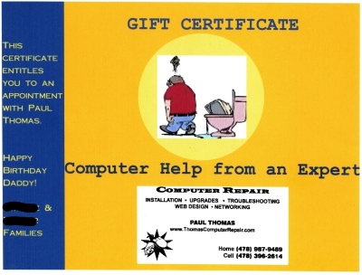Gift certificate for Paul Thomas Computer Repair services