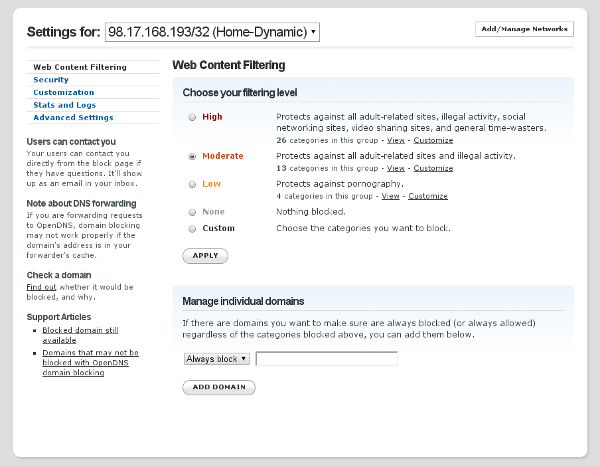 Screenshot of OpenDNS filtering level page
