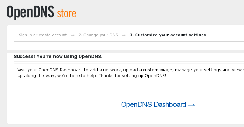 Screenshot of OpenDNS Success page